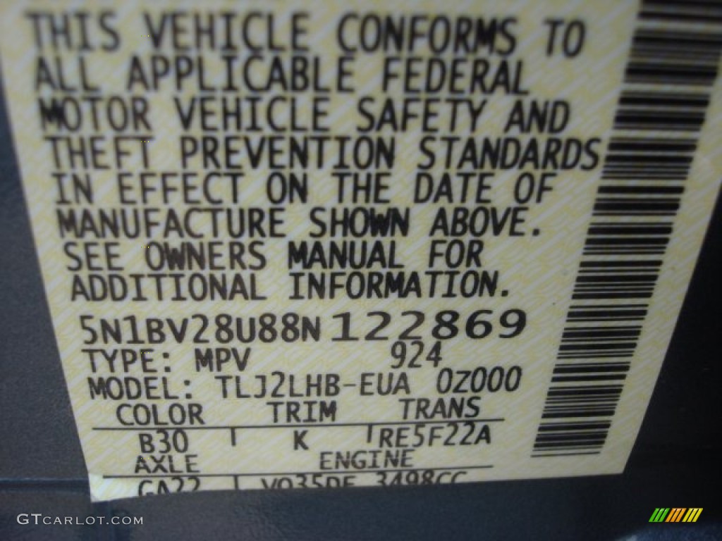 2008 Nissan Quest 3.5 Color Code Photos
