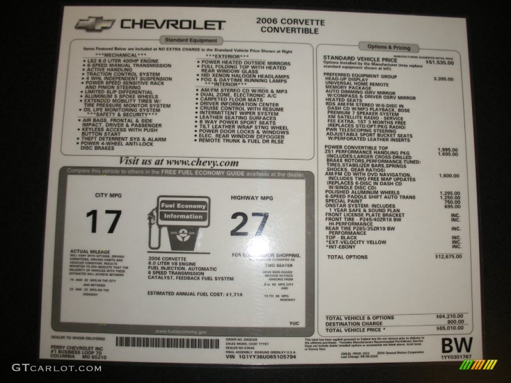 2006 Chevrolet Corvette Convertible Window Sticker Photo #68347699