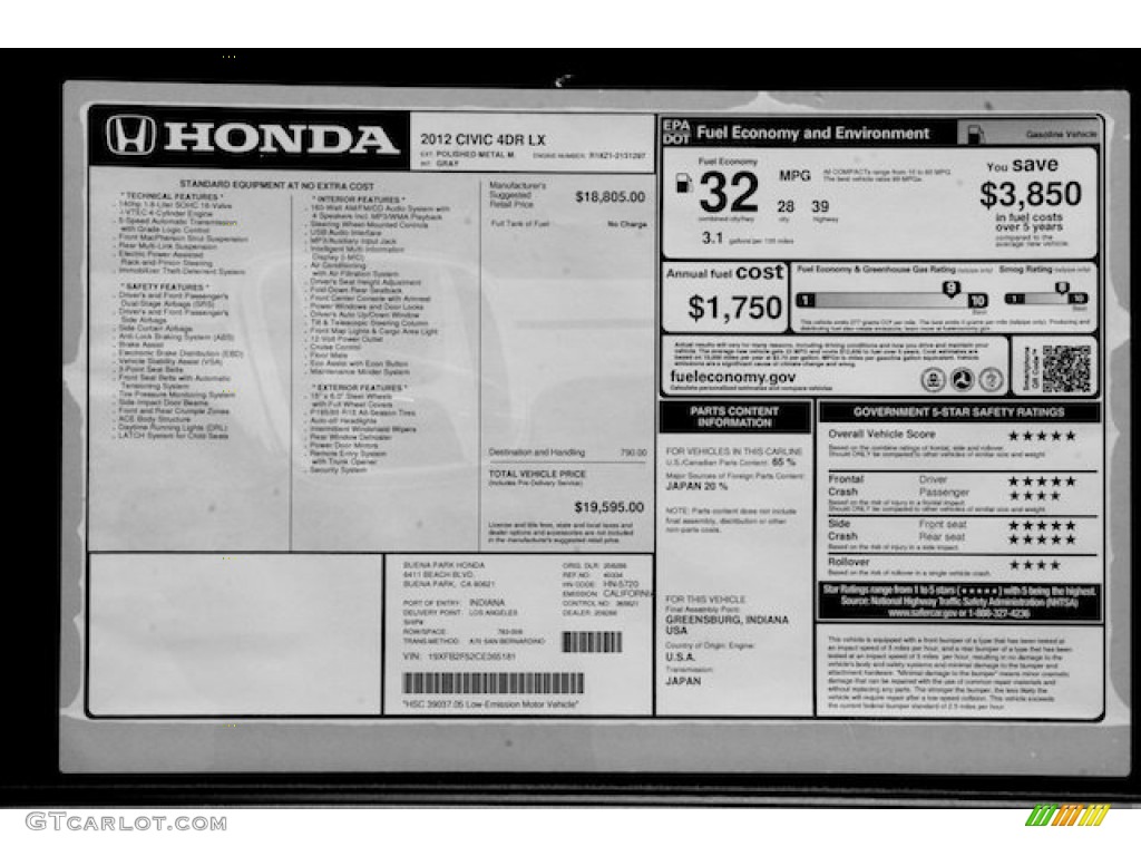 2012 Civic LX Sedan - Polished Metal Metallic / Gray photo #18