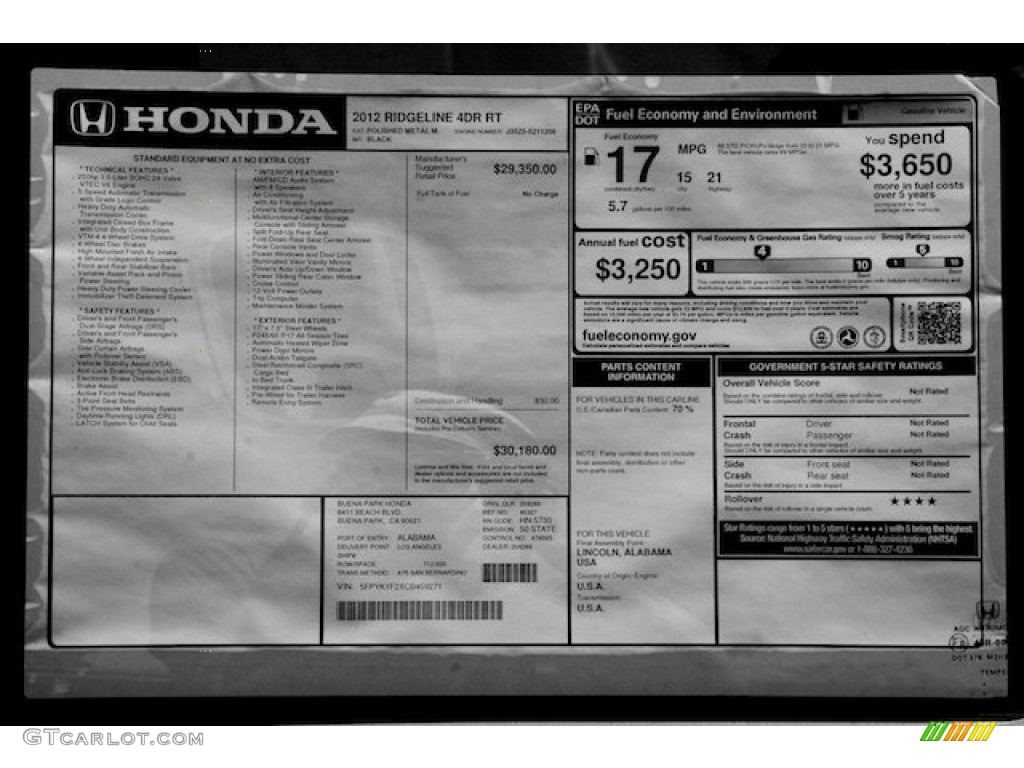 2012 Honda Ridgeline RT Window Sticker Photos