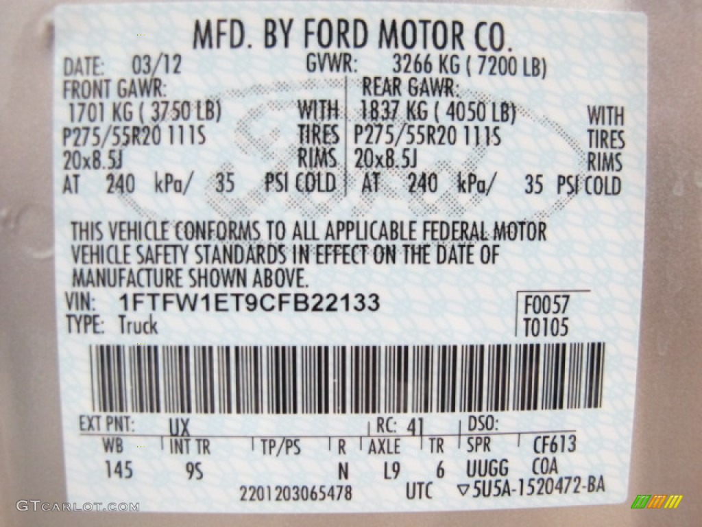 2012 F150 Color Code UX for Ingot Silver Metallic Photo #68353867