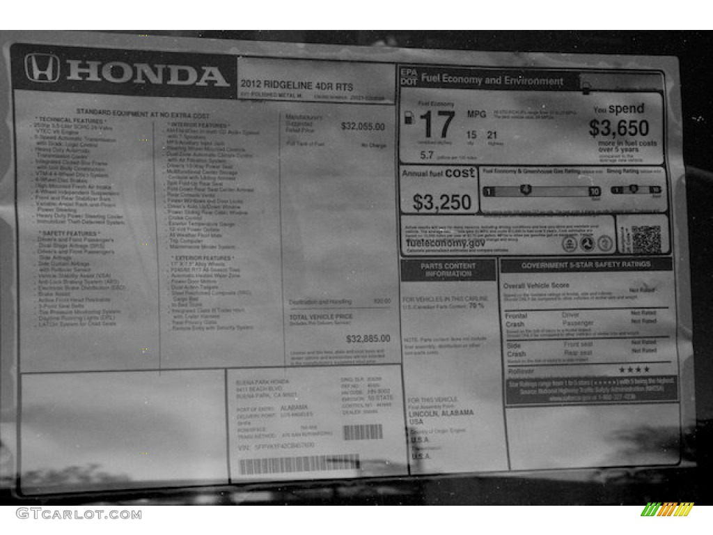 2012 Honda Ridgeline RTS Window Sticker Photos