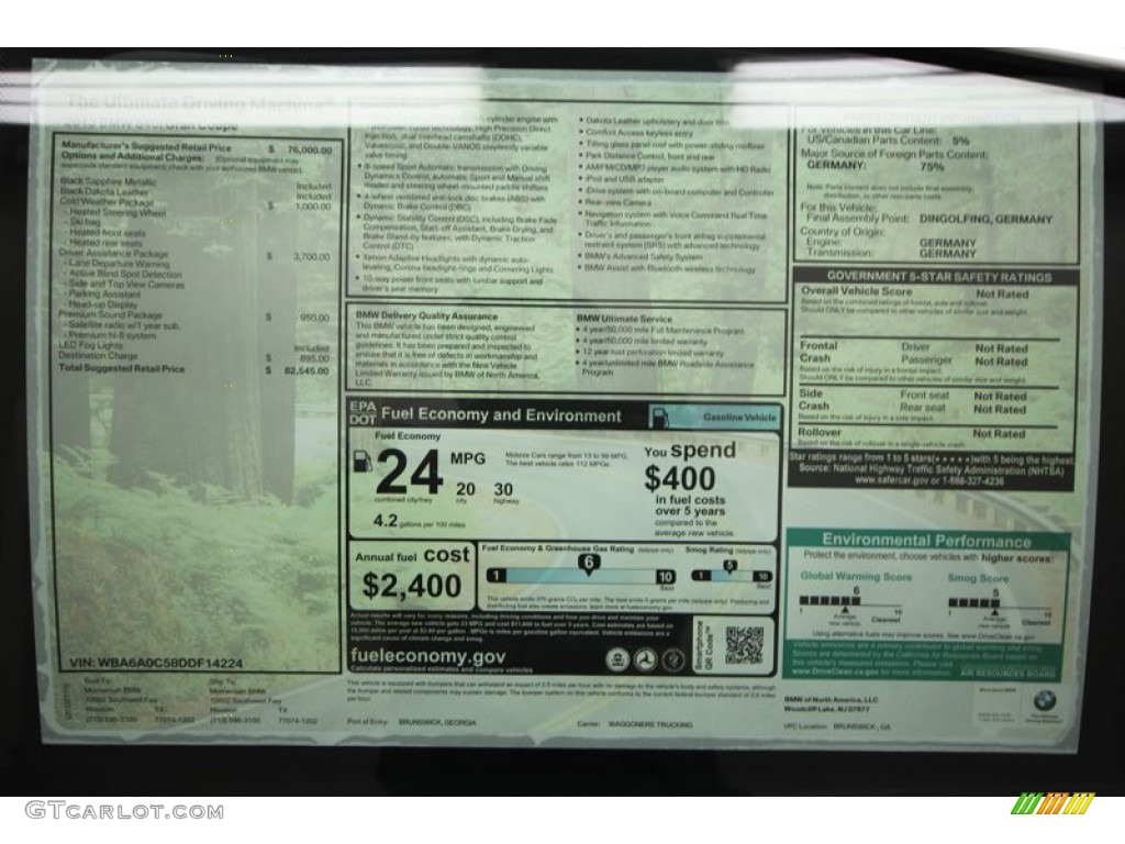 2013 BMW 6 Series 640i Gran Coupe Window Sticker Photo #68375316