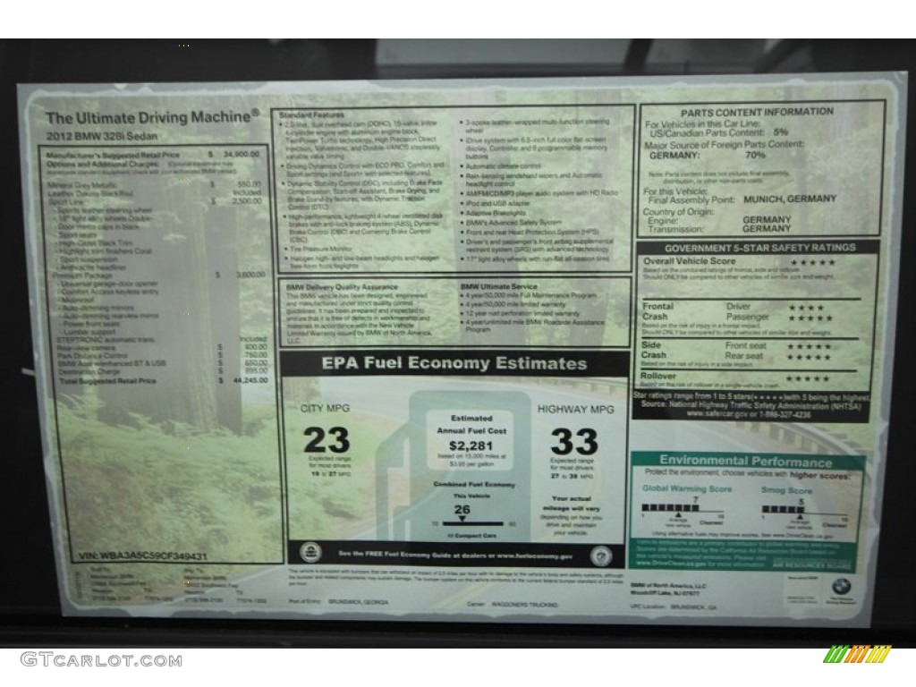 2012 BMW 3 Series 328i Sedan Window Sticker Photo #68375757