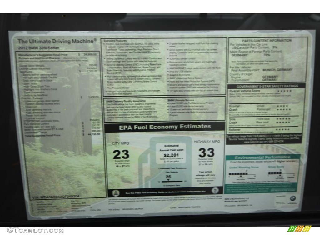 2012 BMW 3 Series 328i Sedan Window Sticker Photo #68376258