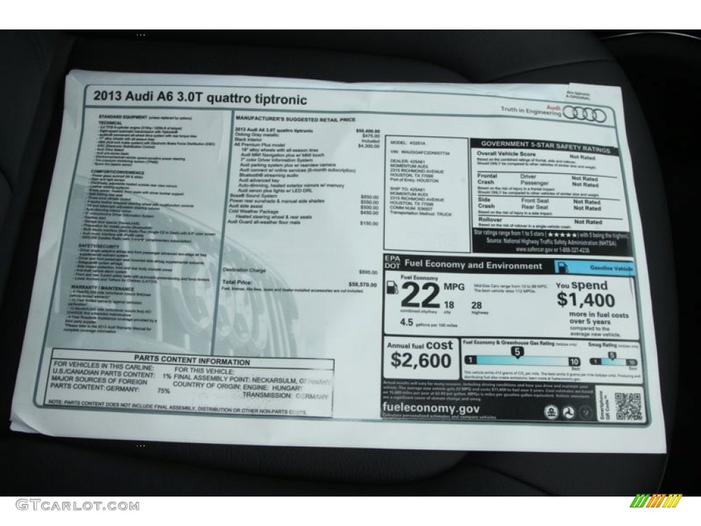 2013 Audi A6 3.0T quattro Sedan Window Sticker Photo #68378535
