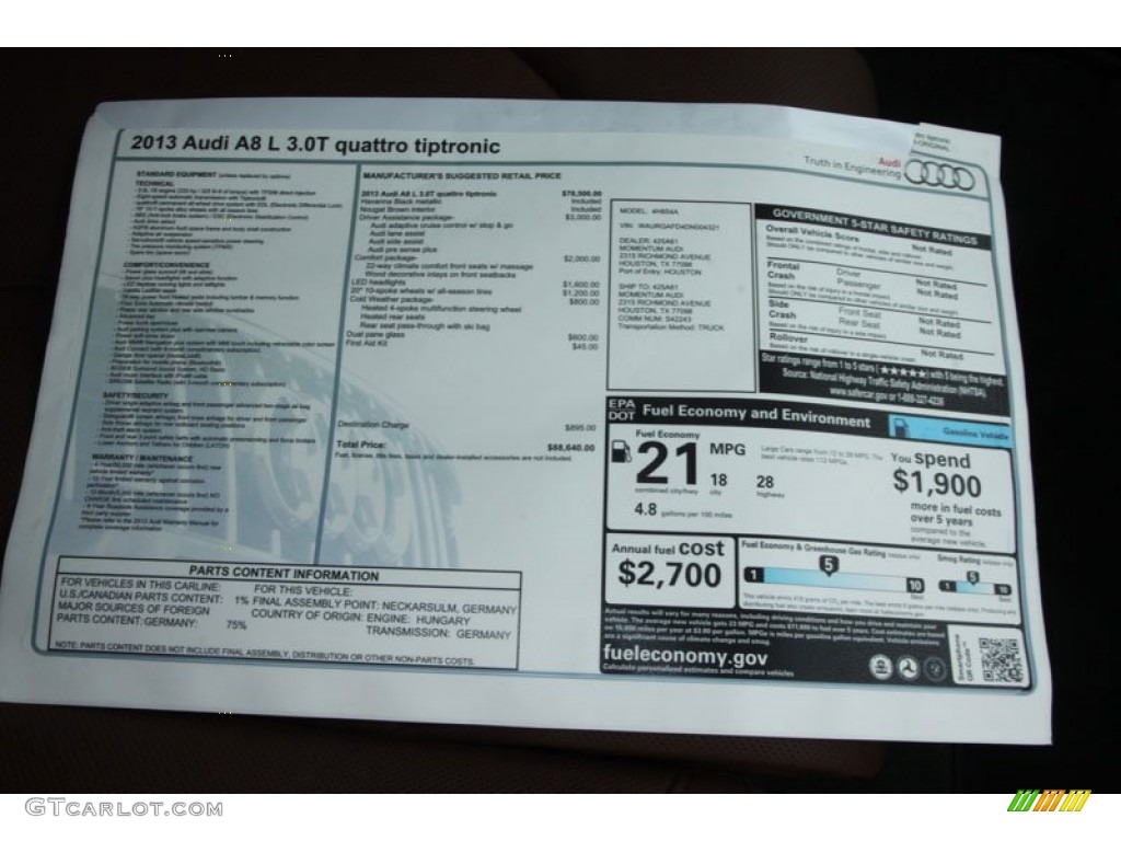 2013 Audi A8 L 3.0T quattro Window Sticker Photo #68379315