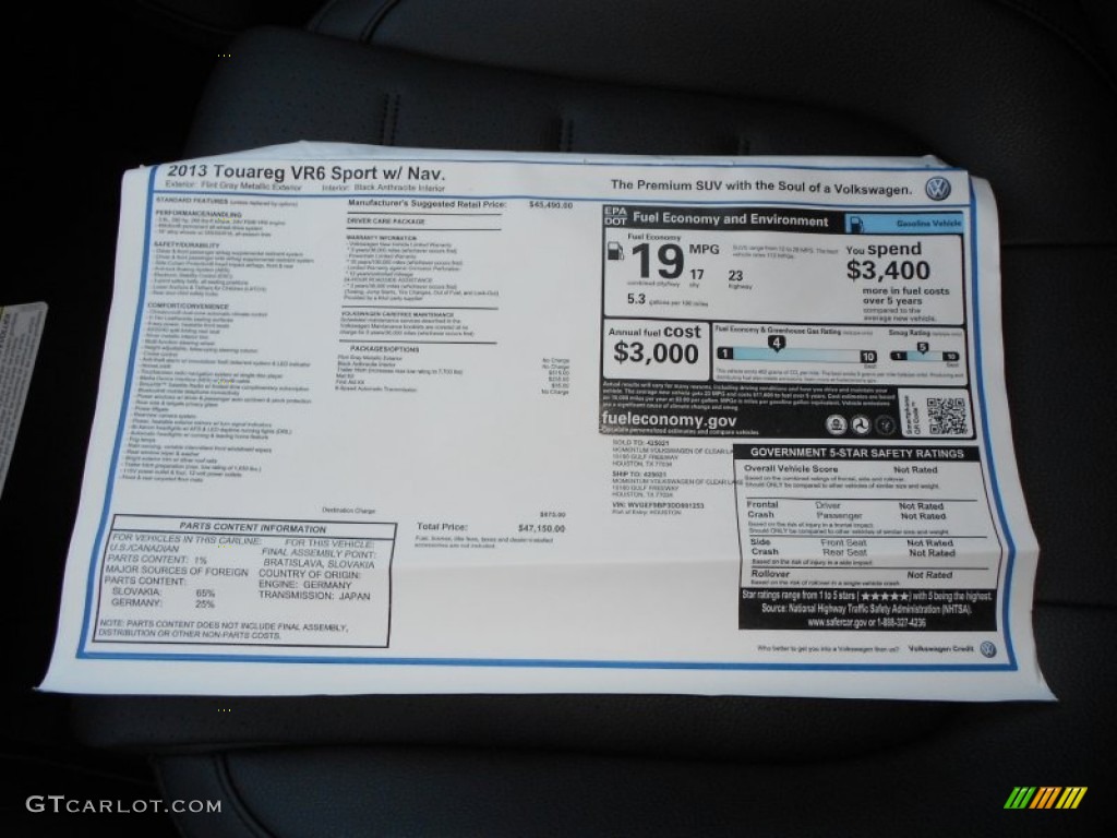 2013 Volkswagen Touareg VR6 FSI Sport 4XMotion Window Sticker Photo #68388162