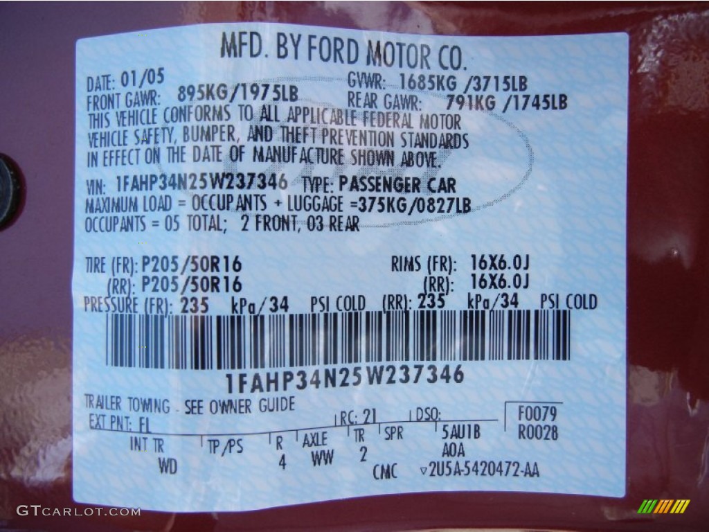 2005 Ford Focus ZX4 SES Sedan Color Code Photos