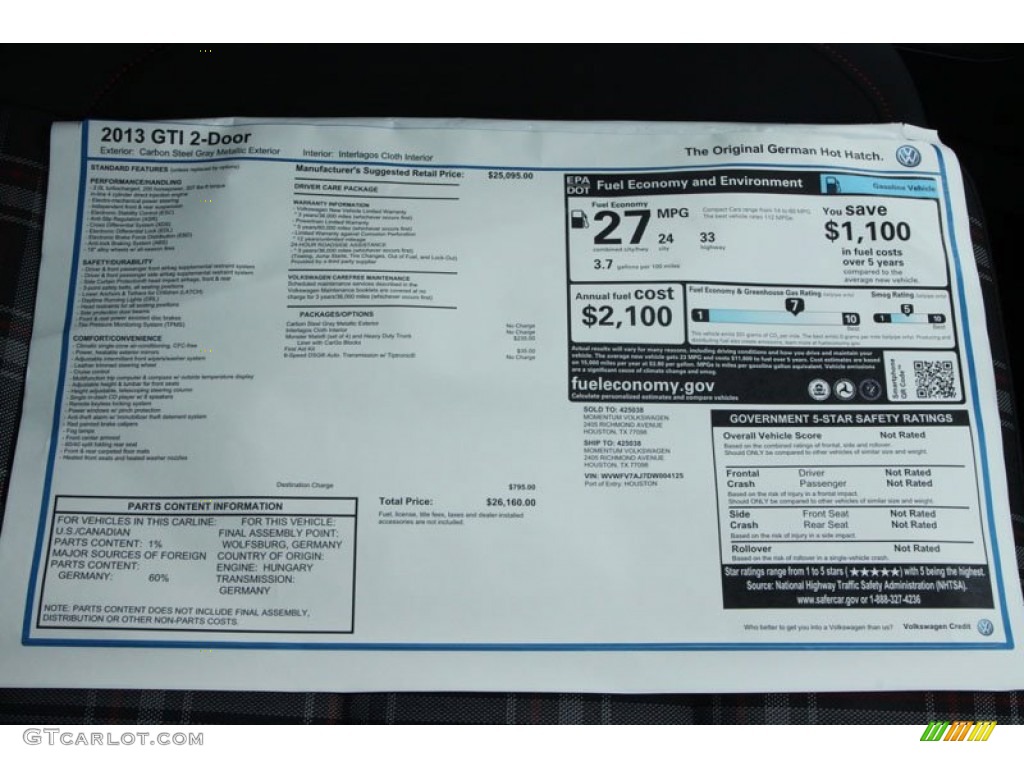 2013 Volkswagen GTI 2 Door Window Sticker Photo #68422301