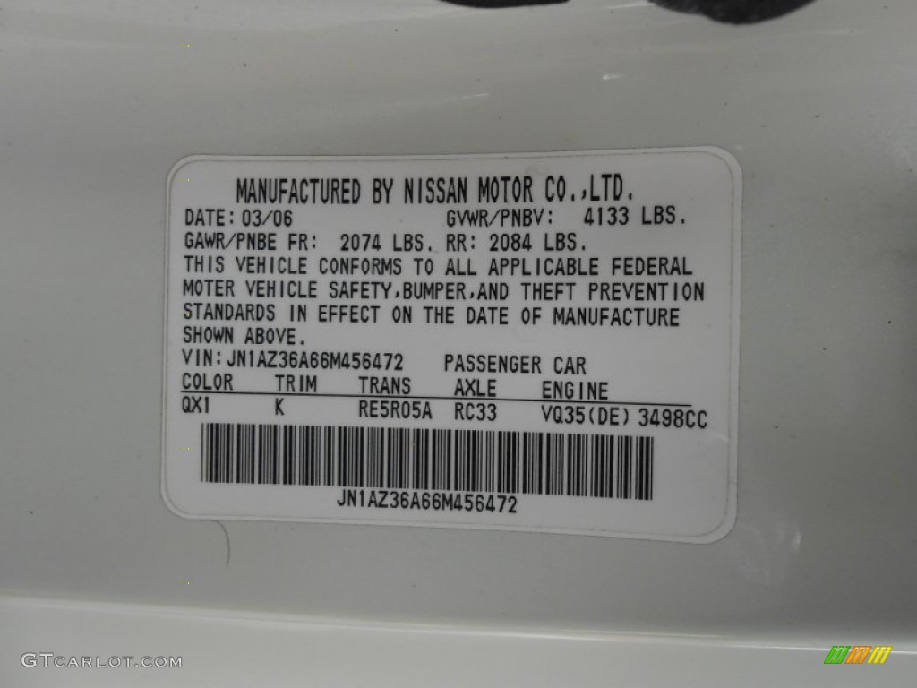 2006 350Z Color Code QX1 for Pikes Peak White Pearl Photo #68433053