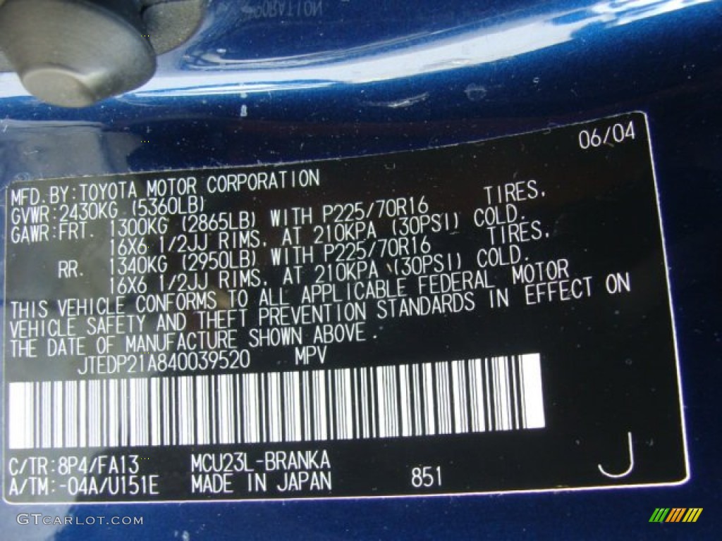 2004 Toyota Highlander V6 Color Code Photos