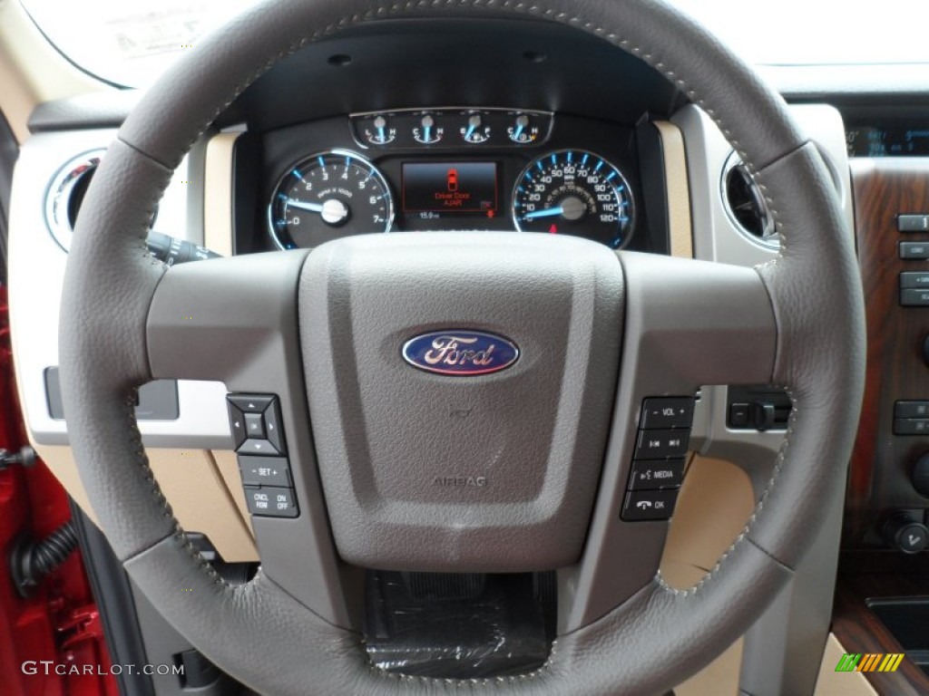 2012 Ford F150 Lariat SuperCrew Pale Adobe Steering Wheel Photo #68442722