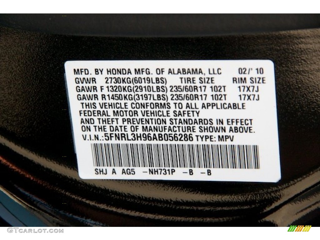 2010 Odyssey Color Code NH731P for Crystal Black Pearl Photo #68452949