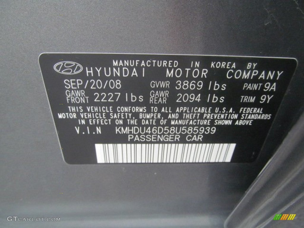 2008 Elantra Color Code 9A for Carbon Gray Metallic Photo #68459195