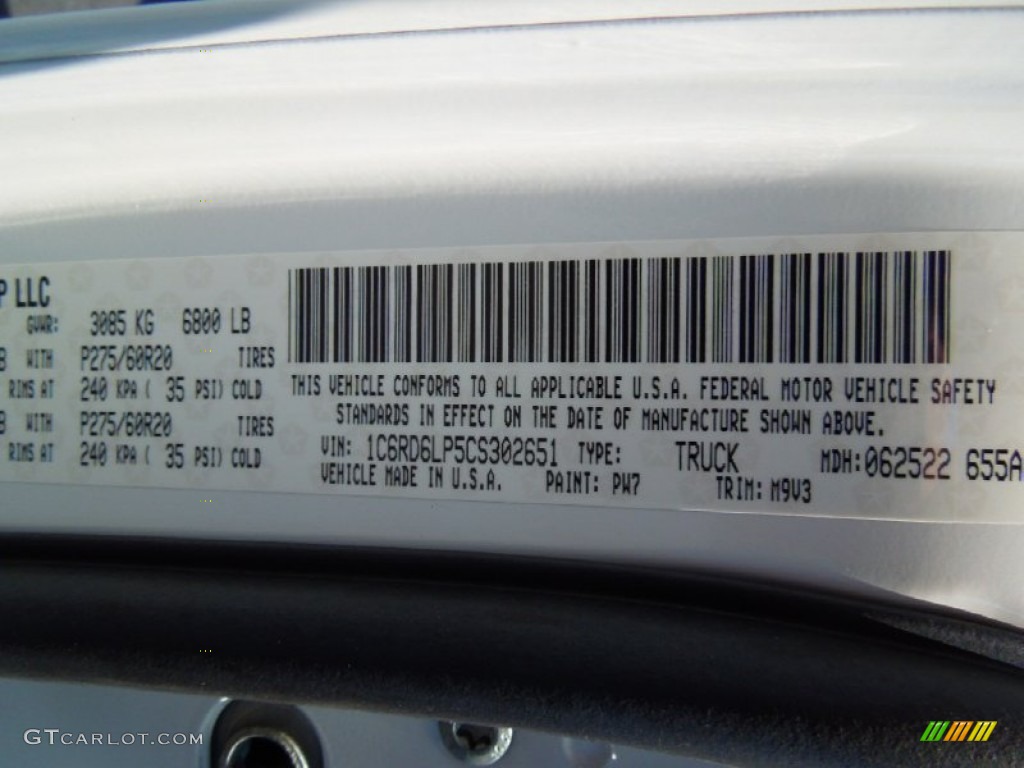 2012 Ram 1500 Color Code PW7 for Bright White Photo #68464084
