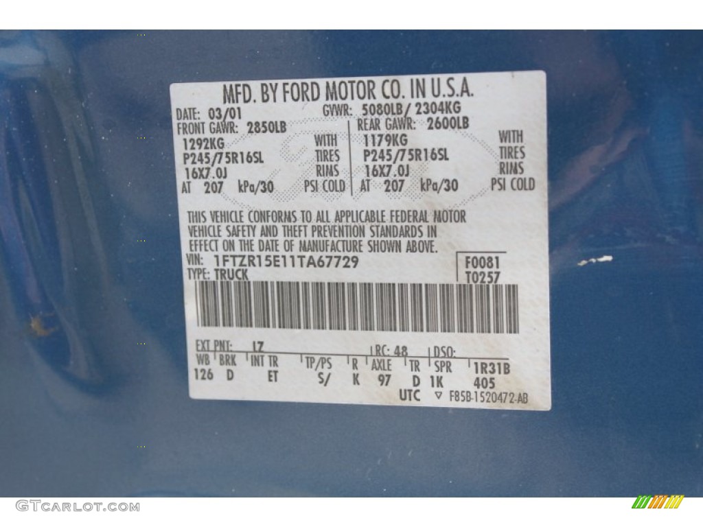 2001 Ford Ranger XLT SuperCab 4x4 Color Code Photos