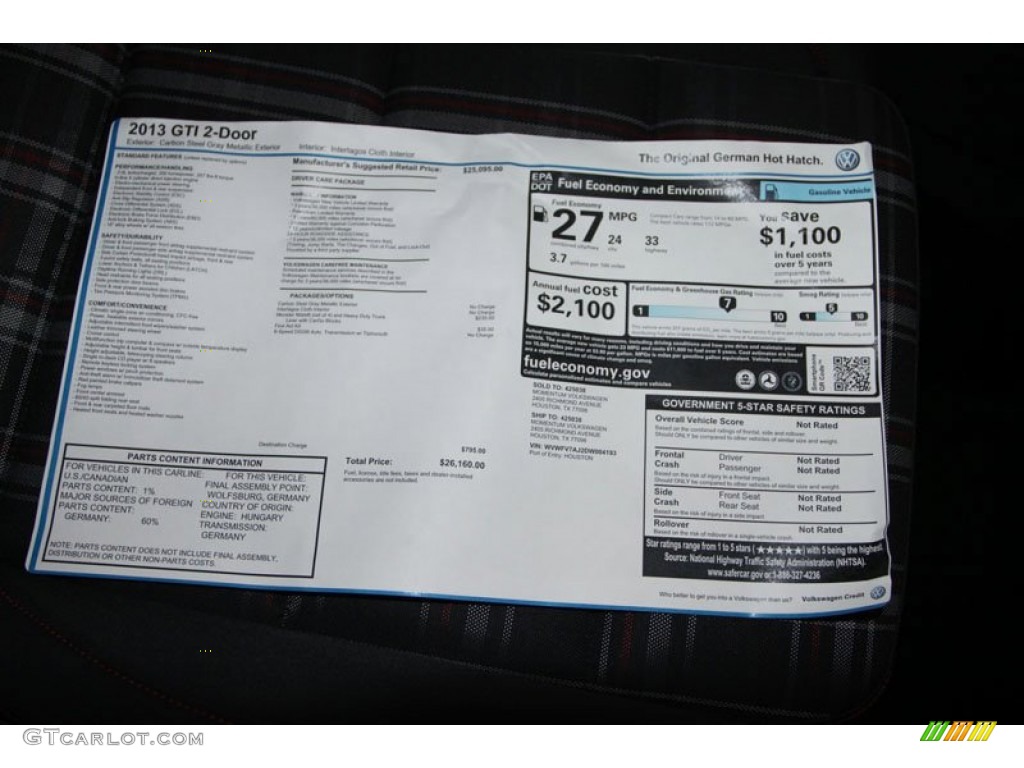 2013 Volkswagen GTI 2 Door Window Sticker Photo #68479699
