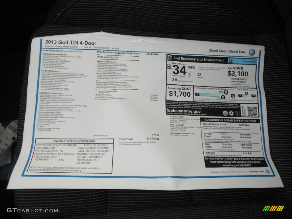 2013 Volkswagen Golf 4 Door TDI Window Sticker Photo #68494513