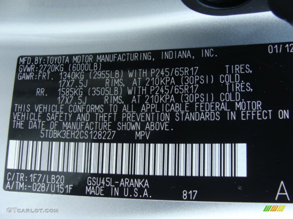 2012 Highlander Color Code 1F7 for Classic Silver Metallic Photo #68495242