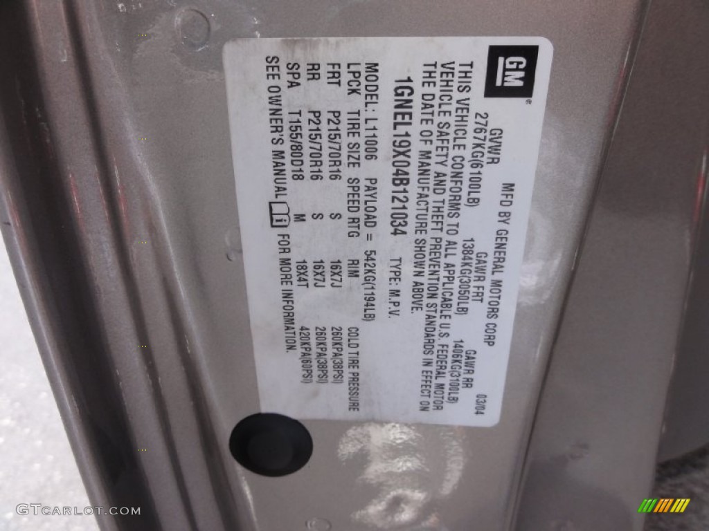 2004 Chevrolet Astro LT AWD Passenger Van Info Tag Photo #68506369