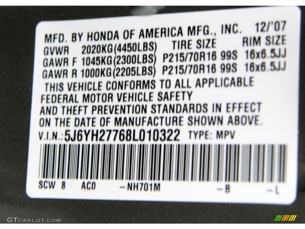 2008 Honda Element EX AWD Color Code Photos