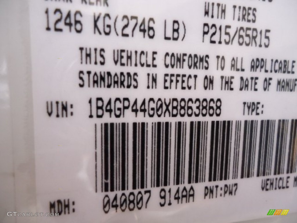 1999 Grand Caravan Color Code PW7 for Bright White Photo #68509903