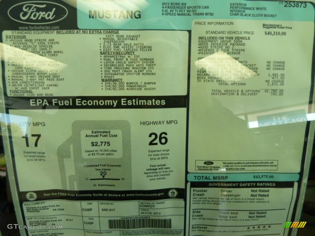 2012 Ford Mustang Boss 302 Window Sticker Photo #68530873