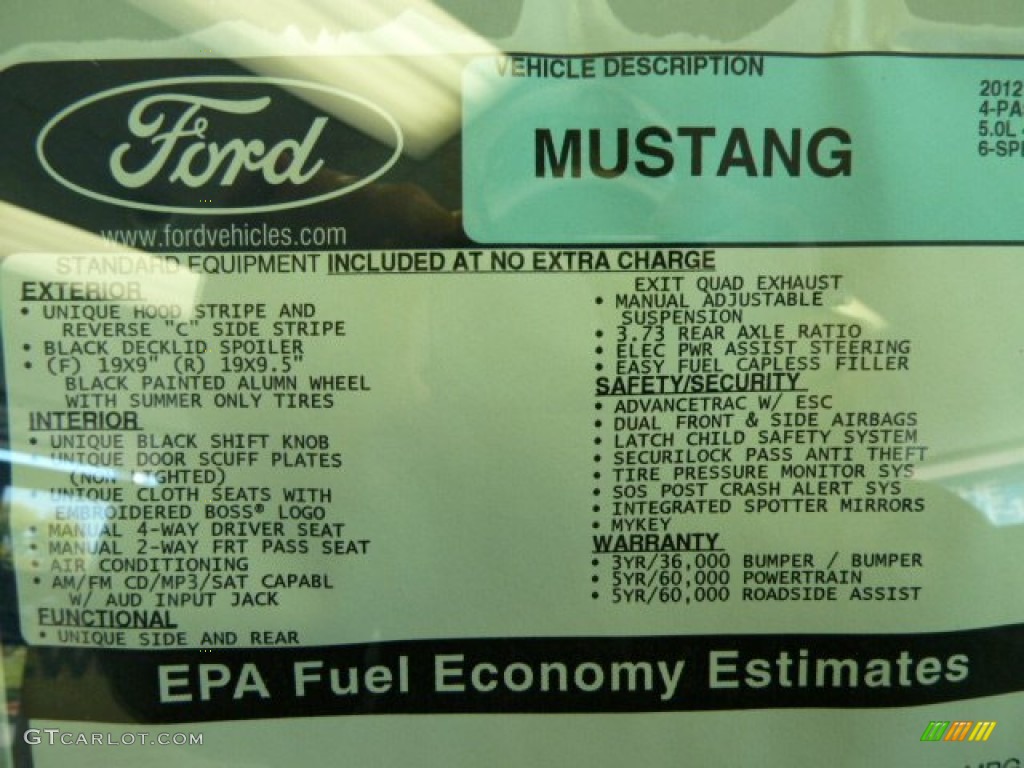 2012 Ford Mustang Boss 302 Window Sticker Photo #68530882