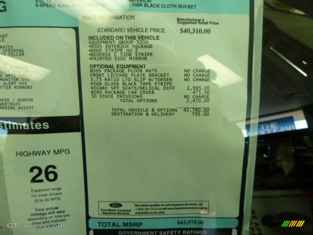 2012 Ford Mustang Boss 302 Window Sticker Photo #68530903