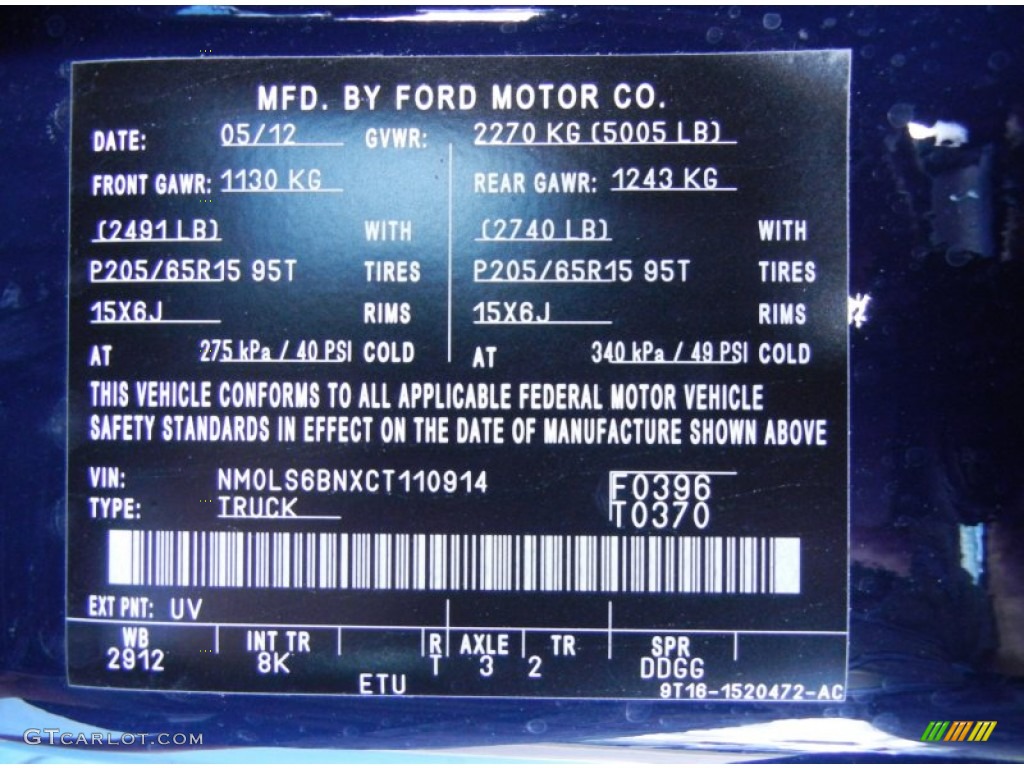 2012 Transit Connect Color Code UV for Dark Blue Photo #68535163