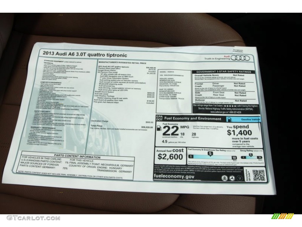 2013 Audi A6 3.0T quattro Sedan Window Sticker Photo #68540611