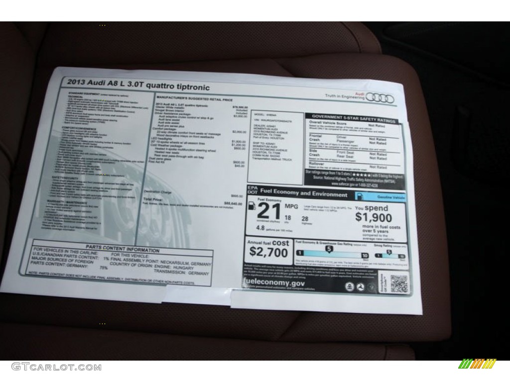2013 Audi A8 L 3.0T quattro Window Sticker Photo #68541190
