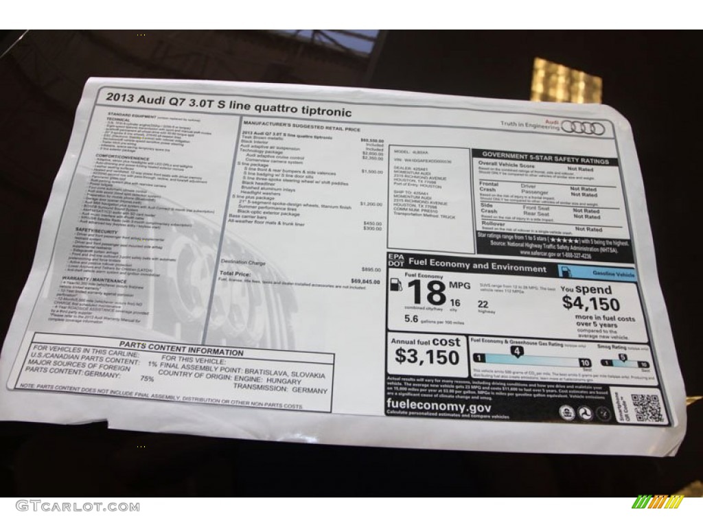 2013 Audi Q7 3.0 S Line quattro Window Sticker Photo #68541793