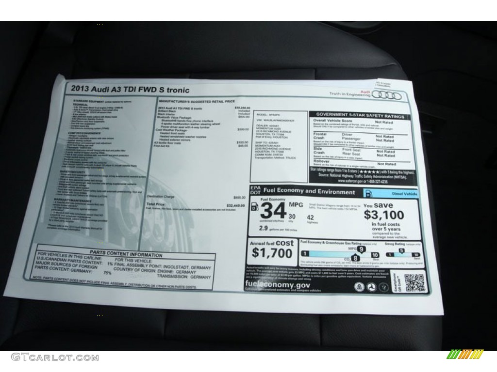 2013 Audi A3 2.0 TDI Window Sticker Photo #68542036