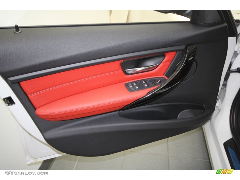 2012 BMW 3 Series 328i Sedan Coral Red/Black Door Panel Photo #68545912