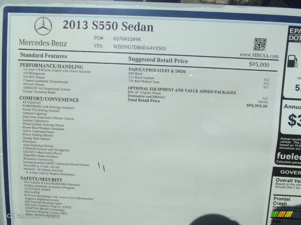 2013 Mercedes-Benz S 550 Sedan Window Sticker Photo #68555980