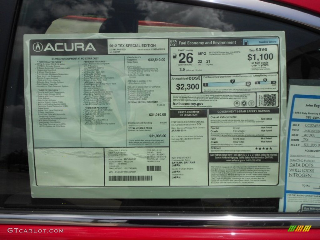 2012 Acura TSX Sedan Window Sticker Photo #68558755