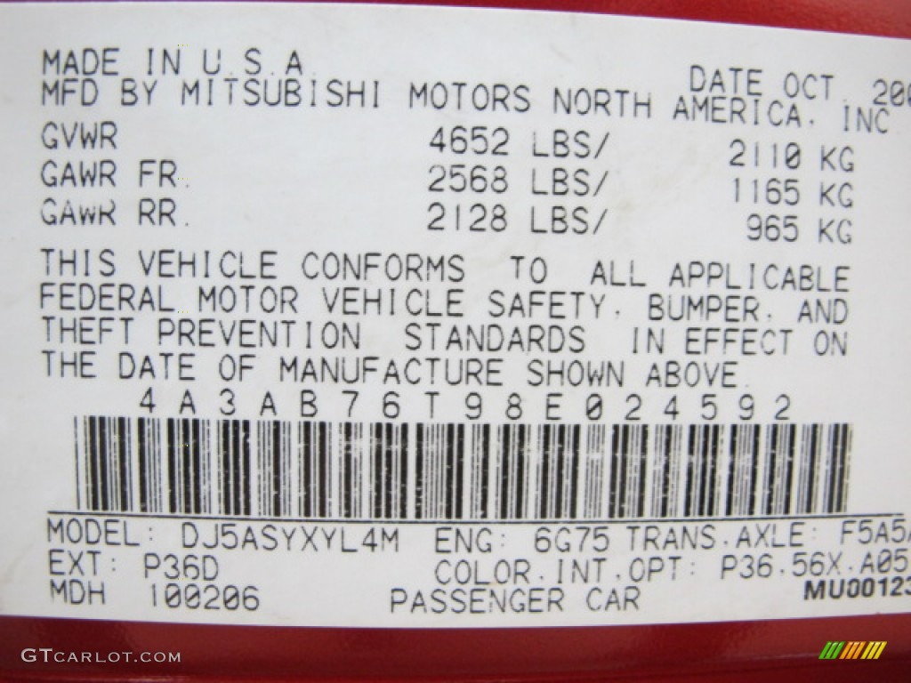 2008 Mitsubishi Galant RALLIART Color Code Photos