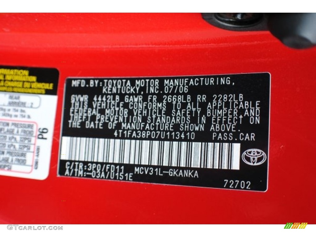 2007 Toyota Solara Sport V6 Convertible Color Code Photos
