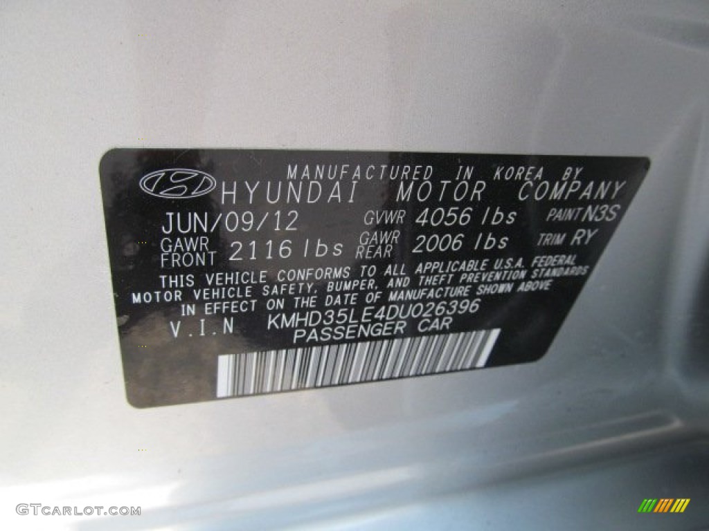 2013 Elantra Color Code N3S for Shimmering Air Silver Photo #68567272