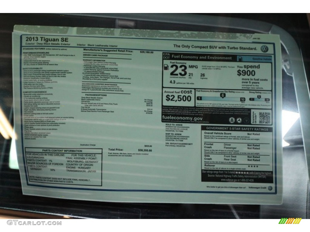 2013 Volkswagen Tiguan S Window Sticker Photo #68589042