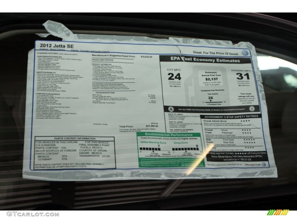 2012 Volkswagen Jetta SE Sedan Window Sticker Photo #68589983