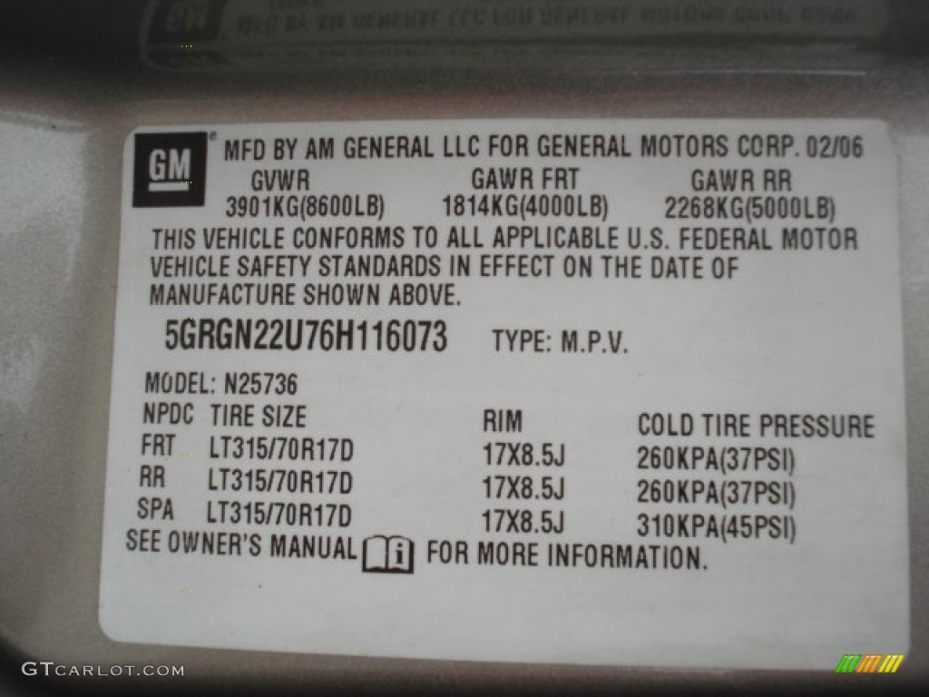 2006 Hummer H2 SUT Info Tag Photo #68591276