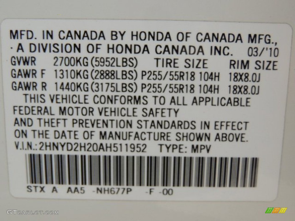 2010 MDX Color Code NH677P for Aspen White Pearl Photo #68595148