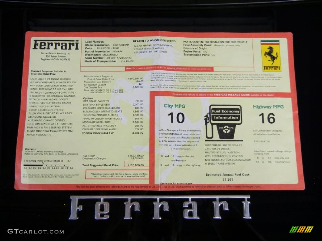 2002 Ferrari 360 Modena F1 Window Sticker Photo #68597150