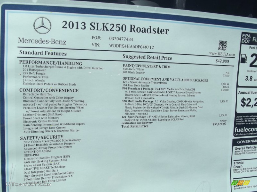 2013 Mercedes-Benz SLK 250 Roadster Window Sticker Photo #68599137