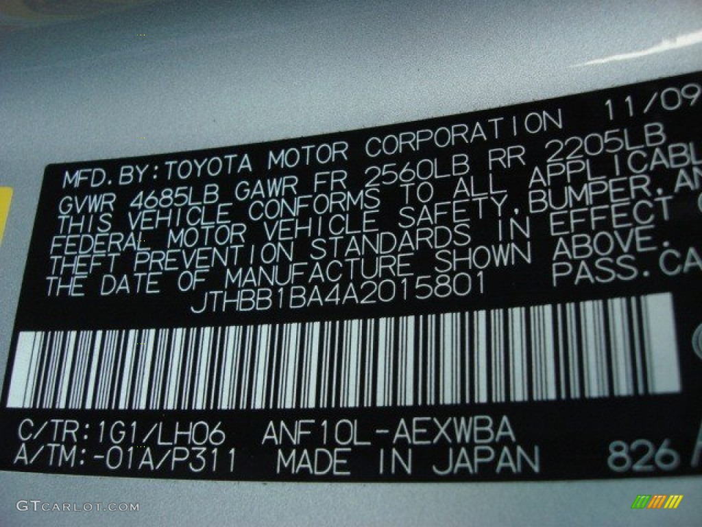 2010 HS Color Code 1G1 for Tungsten Silver Pearl Photo #68601056