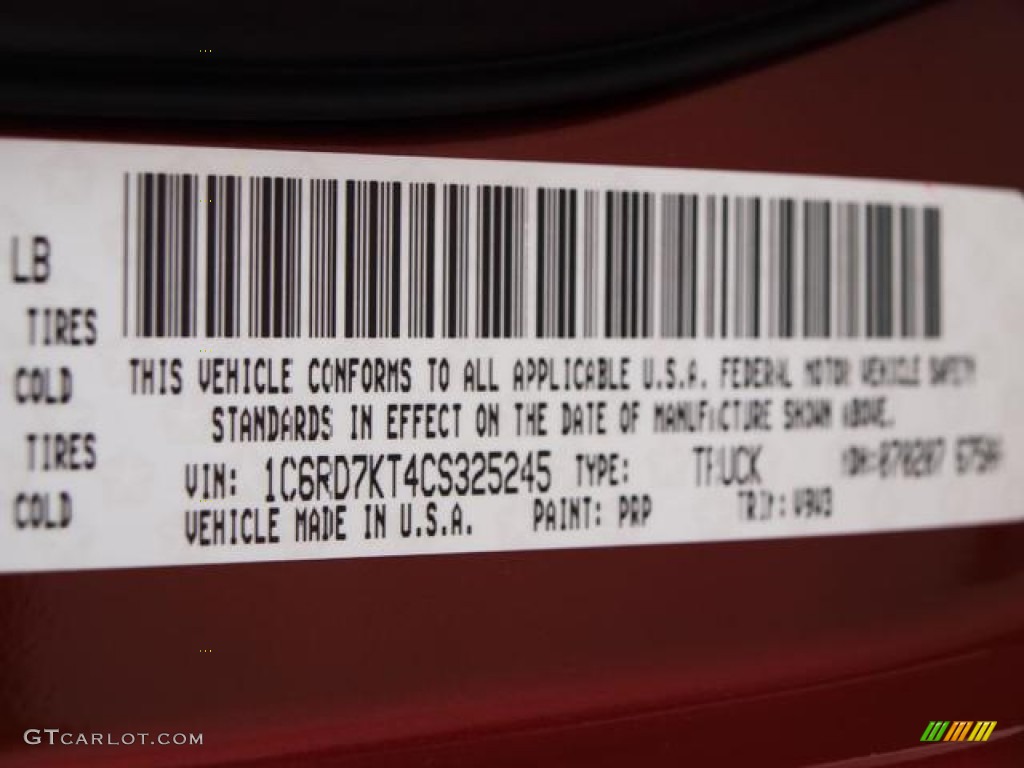 2012 Ram 1500 Color Code PRP for Deep Cherry Red Crystal Pearl Photo #68609064