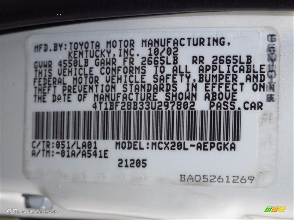 2003 Toyota Avalon XLS Color Code Photos